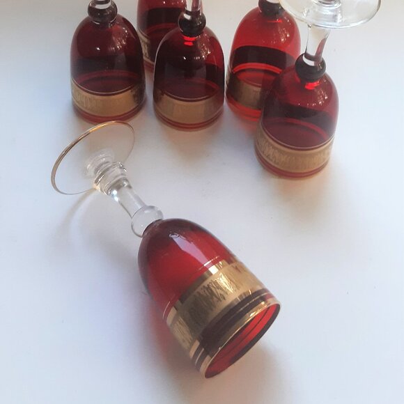 VTG Wine/Sherry Cordial Glasses Ruby Red Gilded with Clear Stem 1950s Set of 6 - Picture 10 of 12
